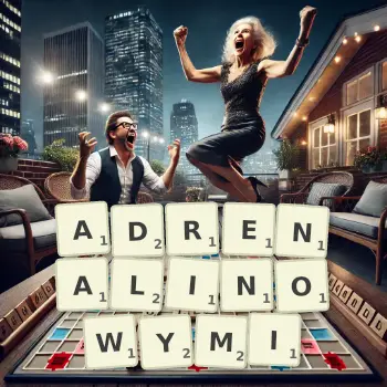 Kreatywna ilustracja do gry w Scrabble ze słowem ADRENALINOWYMI ułożonym z płytek na planszy.