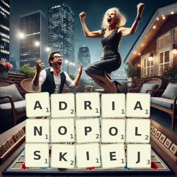 Kreatywna ilustracja do gry w Scrabble ze słowem ADRIANOPOLSKIEJ ułożonym z płytek na planszy.