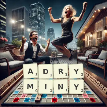 Kreatywna ilustracja do gry w Scrabble ze słowem ADRYMINY ułożonym z płytek na planszy.