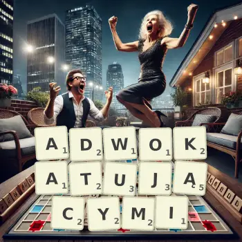 Kreatywna ilustracja do gry w Scrabble ze słowem ADWOKATUJĄCYMI ułożonym z płytek na planszy.