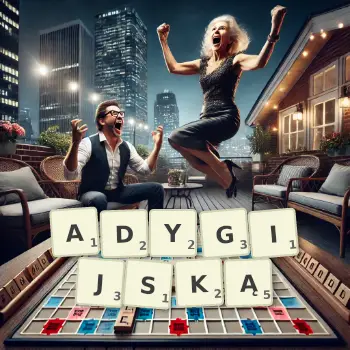 Kreatywna ilustracja do gry w Scrabble ze słowem ADYGIJSKĄ ułożonym z płytek na planszy.