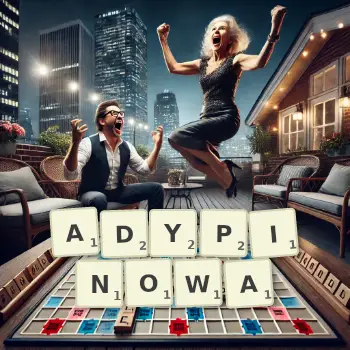 Kreatywna ilustracja do gry w Scrabble ze słowem ADYPINOWA ułożonym z płytek na planszy.