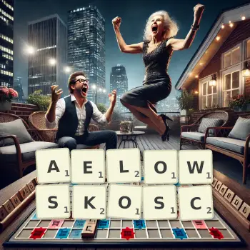 Kreatywna ilustracja do gry w Scrabble ze słowem AELOWSKOSC ułożonym z płytek na planszy.