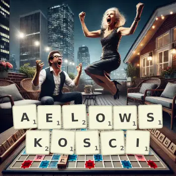 Kreatywna ilustracja do gry w Scrabble ze słowem AELOWSKOSCI ułożonym z płytek na planszy.