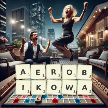 Kreatywna ilustracja do gry w Scrabble ze słowem AEROBIKOWA ułożonym z płytek na planszy.