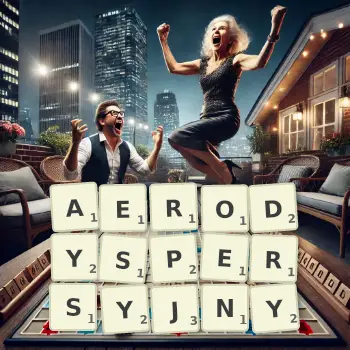 Kreatywna ilustracja do gry w Scrabble ze słowem AERODYSPERSYJNY ułożonym z płytek na planszy.