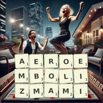 Kreatywna ilustracja do gry w Scrabble ze słowem AEROEMBOLIZMAMI ułożonym z płytek na planszy.