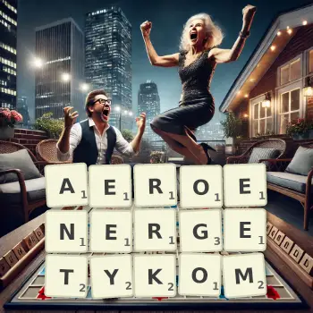 Kreatywna ilustracja do gry w Scrabble ze słowem AEROENERGETYKOM ułożonym z płytek na planszy.