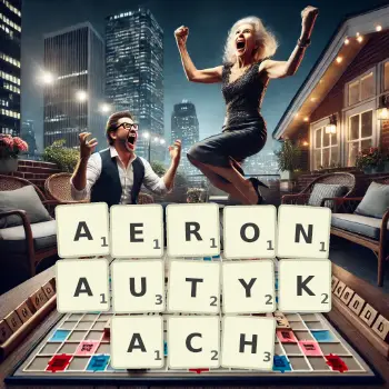 Kreatywna ilustracja do gry w Scrabble ze słowem AERONAUTYKACH ułożonym z płytek na planszy.