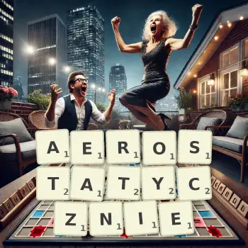 Kreatywna ilustracja do gry w Scrabble ze słowem AEROSTATYCZNIE ułożonym z płytek na planszy.