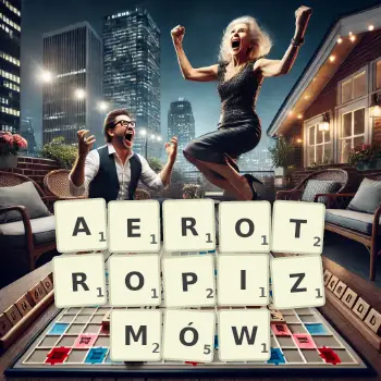 Kreatywna ilustracja do gry w Scrabble ze słowem AEROTROPIZMÓW ułożonym z płytek na planszy.