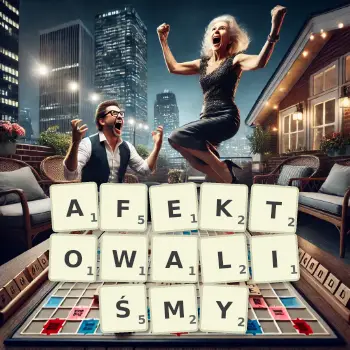 Kreatywna ilustracja do gry w Scrabble ze słowem AFEKTOWALIŚMY ułożonym z płytek na planszy.