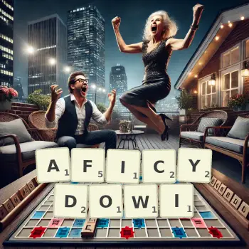 Kreatywna ilustracja do gry w Scrabble ze słowem AFICYDOWI ułożonym z płytek na planszy.