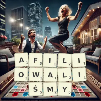 Kreatywna ilustracja do gry w Scrabble ze słowem AFILIOWALIŚMY ułożonym z płytek na planszy.