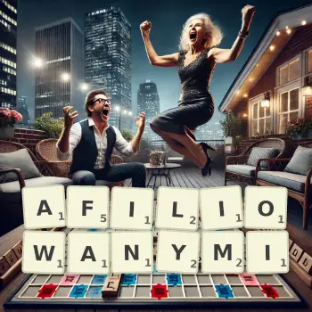 Kreatywna ilustracja do gry w Scrabble ze słowem AFILIOWANYMI ułożonym z płytek na planszy.