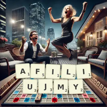 Kreatywna ilustracja do gry w Scrabble ze słowem AFILIUJMY ułożonym z płytek na planszy.