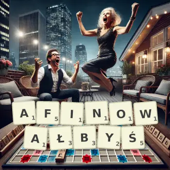 Kreatywna ilustracja do gry w Scrabble ze słowem AFINOWAŁBYŚ ułożonym z płytek na planszy.