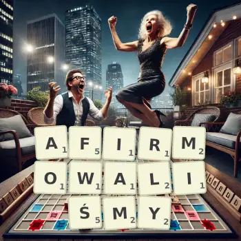 Kreatywna ilustracja do gry w Scrabble ze słowem AFIRMOWALIŚMY ułożonym z płytek na planszy.