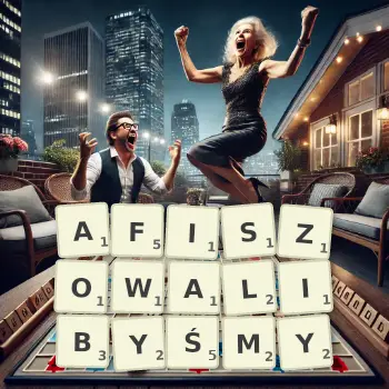 Kreatywna ilustracja do gry w Scrabble ze słowem AFISZOWALIBYŚMY ułożonym z płytek na planszy.