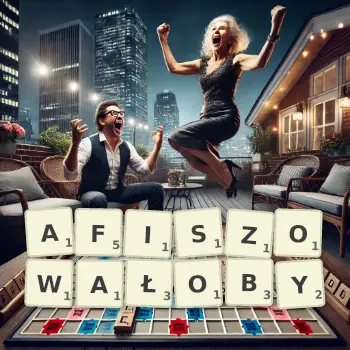Kreatywna ilustracja do gry w Scrabble ze słowem AFISZOWAŁOBY ułożonym z płytek na planszy.