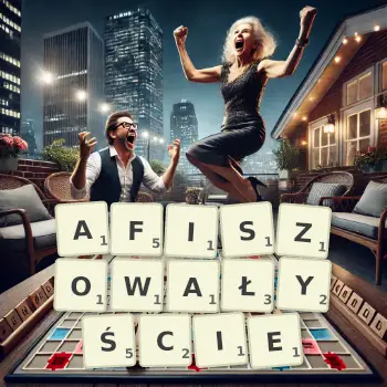 Kreatywna ilustracja do gry w Scrabble ze słowem AFISZOWAŁYŚCIE ułożonym z płytek na planszy.