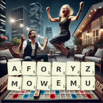 Kreatywna ilustracja do gry w Scrabble ze słowem AFORYZMOWEMU ułożonym z płytek na planszy.