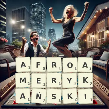Kreatywna ilustracja do gry w Scrabble ze słowem AFROAMERYKAŃSKI ułożonym z płytek na planszy.