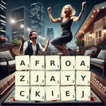 Kreatywna ilustracja do gry w Scrabble ze słowem AFROAZJATYCKIEJ ułożonym z płytek na planszy.