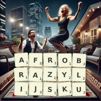 Kreatywna ilustracja do gry w Scrabble ze słowem AFROBRAZYLIJSKU ułożonym z płytek na planszy.
