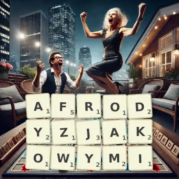 Kreatywna ilustracja do gry w Scrabble ze słowem AFRODYZJAKOWYMI ułożonym z płytek na planszy.