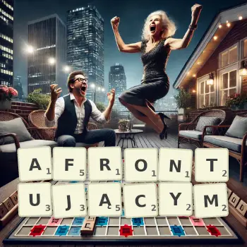 Kreatywna ilustracja do gry w Scrabble ze słowem AFRONTUJĄCYM ułożonym z płytek na planszy.