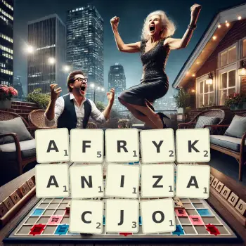 Kreatywna ilustracja do gry w Scrabble ze słowem AFRYKANIZACJO ułożonym z płytek na planszy.