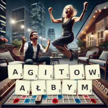 Kreatywna ilustracja do gry w Scrabble ze słowem AGITOWAŁBYM ułożonym z płytek na planszy.