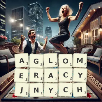 Kreatywna ilustracja do gry w Scrabble ze słowem AGLOMERACYJNYCH ułożonym z płytek na planszy.