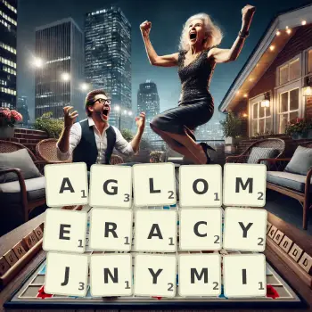 Kreatywna ilustracja do gry w Scrabble ze słowem AGLOMERACYJNYMI ułożonym z płytek na planszy.