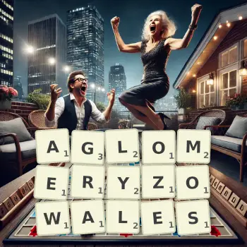 Kreatywna ilustracja do gry w Scrabble ze słowem AGLOMERYZOWALES ułożonym z płytek na planszy.