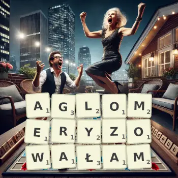 Kreatywna ilustracja do gry w Scrabble ze słowem AGLOMERYZOWAŁAM ułożonym z płytek na planszy.