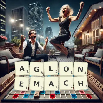 Kreatywna ilustracja do gry w Scrabble ze słowem AGLONEMACH ułożonym z płytek na planszy.