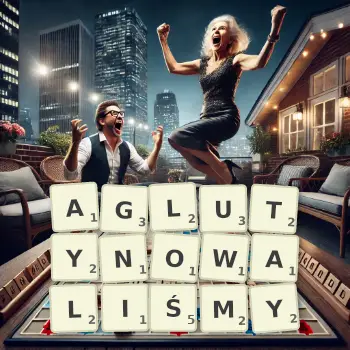 Kreatywna ilustracja do gry w Scrabble ze słowem AGLUTYNOWALIŚMY ułożonym z płytek na planszy.