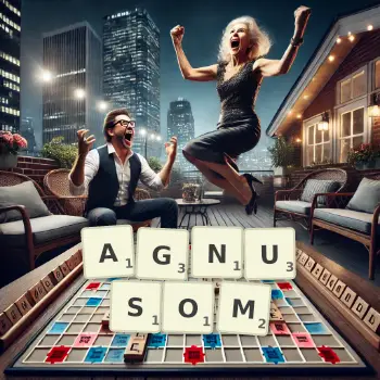 Kreatywna ilustracja do gry w Scrabble ze słowem AGNUSOM ułożonym z płytek na planszy.