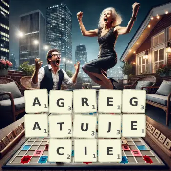 Kreatywna ilustracja do gry w Scrabble ze słowem AGREGATUJECIE ułożonym z płytek na planszy.