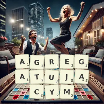 Kreatywna ilustracja do gry w Scrabble ze słowem AGREGATUJĄCYM ułożonym z płytek na planszy.