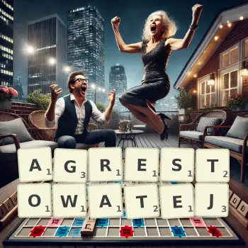 Kreatywna ilustracja do gry w Scrabble ze słowem AGRESTOWATEJ ułożonym z płytek na planszy.