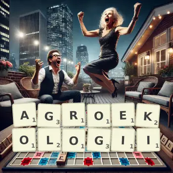 Kreatywna ilustracja do gry w Scrabble ze słowem AGROEKOLOGII ułożonym z płytek na planszy.