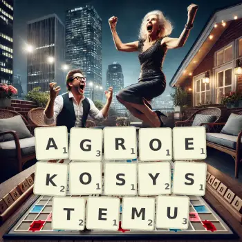 Kreatywna ilustracja do gry w Scrabble ze słowem AGROEKOSYSTEMU ułożonym z płytek na planszy.