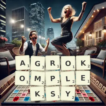 Kreatywna ilustracja do gry w Scrabble ze słowem AGROKOMPLEKSY ułożonym z płytek na planszy.