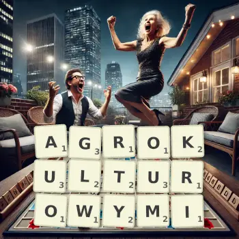 Kreatywna ilustracja do gry w Scrabble ze słowem AGROKULTUROWYMI ułożonym z płytek na planszy.
