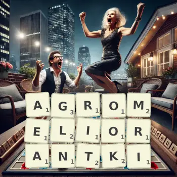 Kreatywna ilustracja do gry w Scrabble ze słowem AGROMELIORANTKI ułożonym z płytek na planszy.