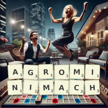 Kreatywna ilustracja do gry w Scrabble ze słowem AGROMINIMACH ułożonym z płytek na planszy.