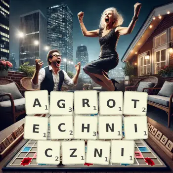 Kreatywna ilustracja do gry w Scrabble ze słowem AGROTECHNICZNI ułożonym z płytek na planszy.